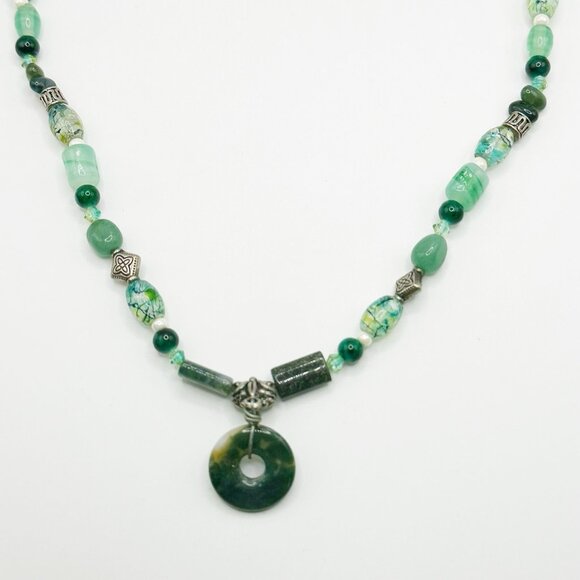 Green Beaded Necklace Of Stone, Glass And Metal Beads 21” - Picture 2 of 5